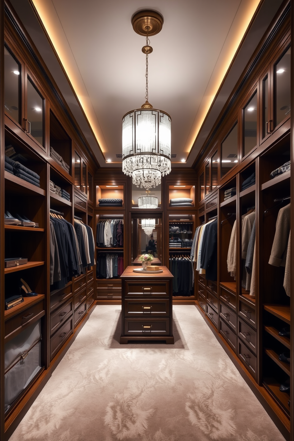 A luxurious walk-in closet featuring elegant shelving and hanging spaces. A stunning statement light fixture hangs from the ceiling, illuminating the rich wood finishes and plush carpet underfoot. The closet includes a central island with drawers for accessories and a full-length mirror against one wall. Soft, ambient lighting enhances the overall sophistication, creating a serene dressing area.