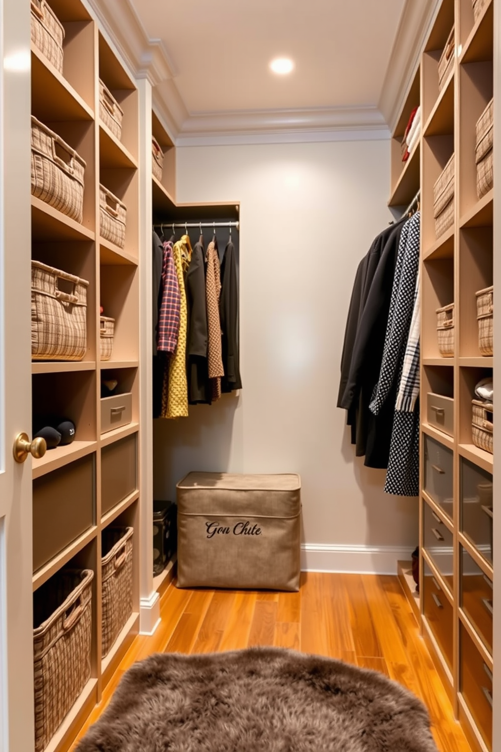 A stylish walk-in closet featuring fabric bins for soft storage options. The walls are lined with elegant shelving, and a plush area rug adds warmth to the space.