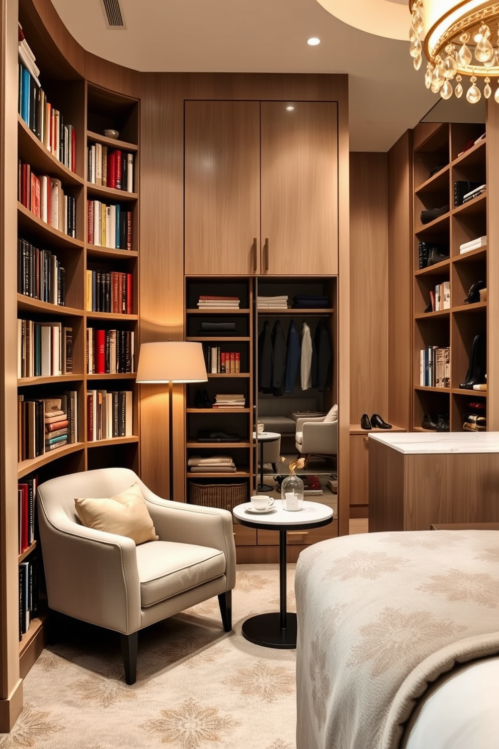 A cozy corner nook for reading features a plush armchair upholstered in soft fabric, positioned near a tall bookshelf filled with an array of books. A small side table holds a steaming cup of tea and a stylish lamp casts a warm glow, creating an inviting atmosphere. The apartment walk-in closet showcases sleek built-in shelving that neatly organizes shoes and accessories. A central island with a marble top provides additional storage and a full-length mirror reflects the elegant design, making the space both functional and luxurious.