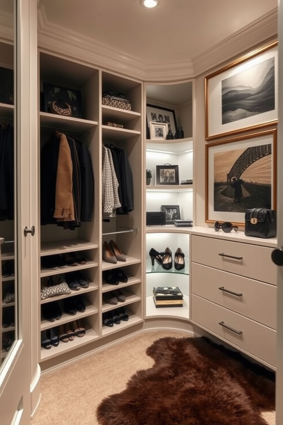 A stylish walk-in closet featuring custom-built shelving and hanging space. The walls are adorned with framed art pieces that reflect personal style, adding a unique touch to the space. Soft lighting illuminates the area, creating a warm and inviting atmosphere. A plush area rug lies on the floor, complementing the elegant shoe display and accessories arranged on the shelves.