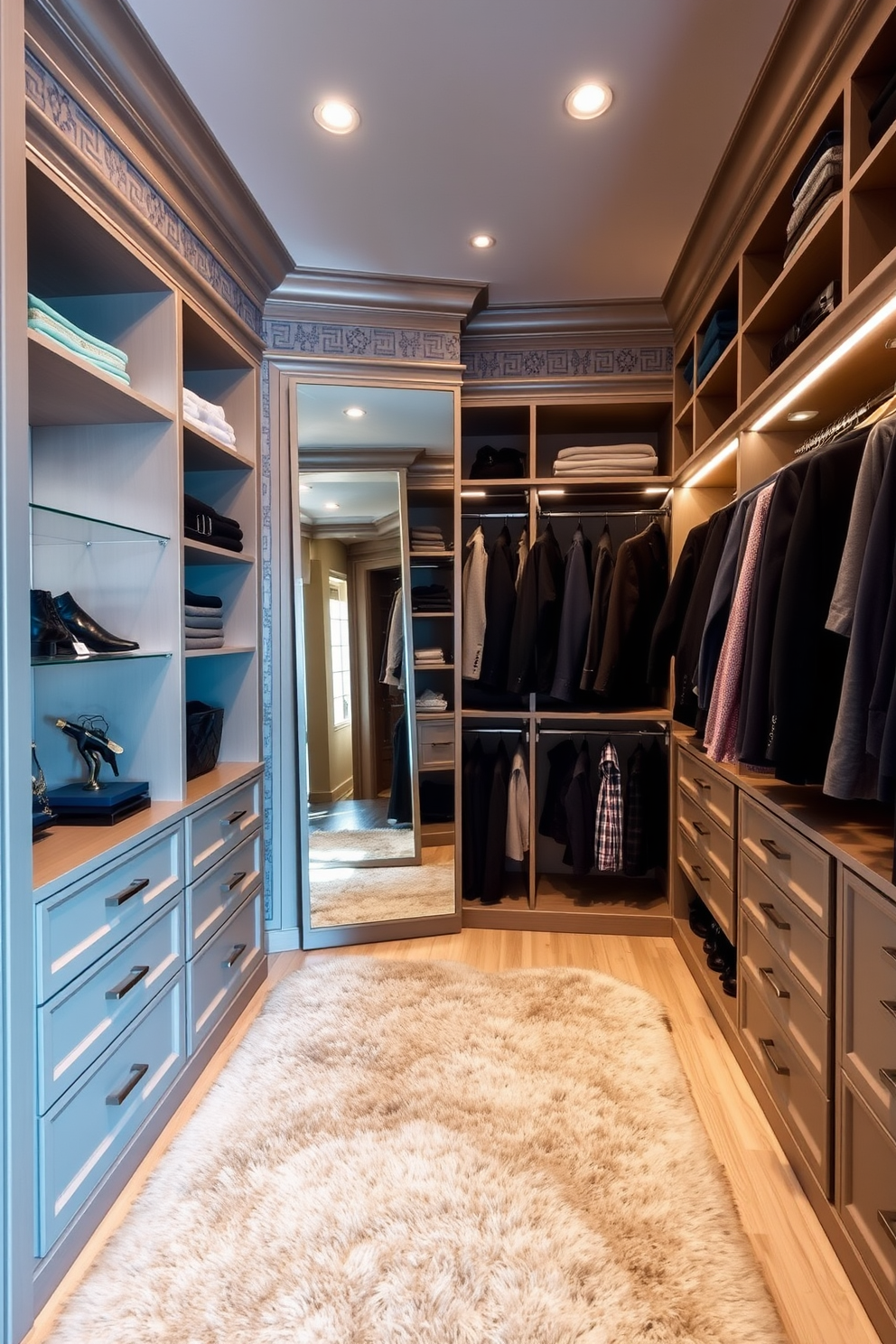 A luxurious walk-in closet featuring custom shelving and hanging space designed for optimal organization. Soft ambient lighting illuminates the space, highlighting a plush area rug that adds warmth and comfort underfoot. The walls are adorned with elegant wallpaper, creating a sophisticated backdrop for the stylish storage solutions. A full-length mirror is positioned strategically to enhance the sense of space and reflect the beautifully arranged accessories.