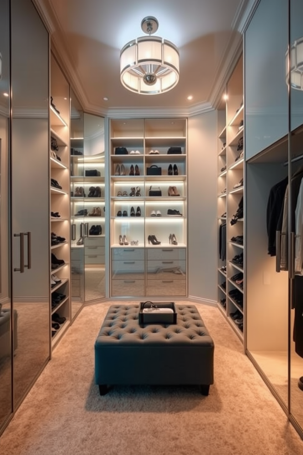 A luxurious walk-in closet featuring mirrored doors that enhance the sense of space and light. The closet is organized with custom shelving for shoes and accessories, complemented by elegant lighting fixtures that create a warm ambiance. Soft neutral tones dominate the walls, while plush carpeting adds comfort underfoot. A stylish ottoman sits in the center, providing a perfect spot for dressing and accessorizing.