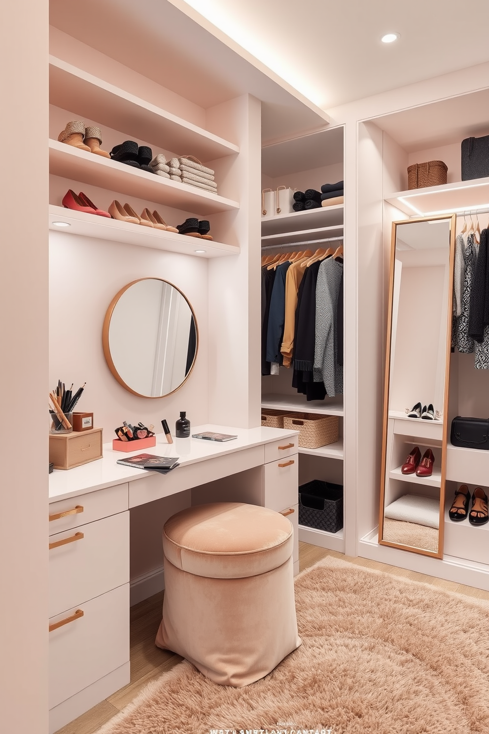 A chic mini vanity area for makeup. It features a sleek white countertop with a round mirror framed in rose gold, accompanied by a comfortable stool upholstered in soft velvet. The walls are painted in a light blush color, creating a warm and inviting atmosphere. Shelves above the vanity display neatly organized makeup products and decorative items, adding a personal touch. --- A stylish walk-in closet design. It includes built-in shelving for shoes and accessories, with hanging space for clothing organized by type and color. Soft LED lighting highlights the space, while a plush area rug adds comfort underfoot. A full-length mirror is positioned to enhance the sense of space and functionality.