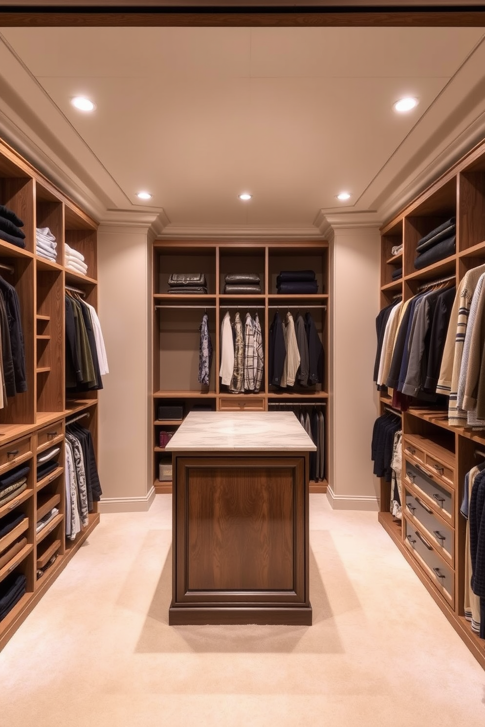 A luxurious walk-in closet featuring custom-built shelving and hanging space. The walls are painted in a soft beige hue, and the floor is covered with plush cream carpeting. Soft lighting fixtures are strategically placed to create a warm and inviting atmosphere. A central island with a marble top provides additional storage and a space for accessories.