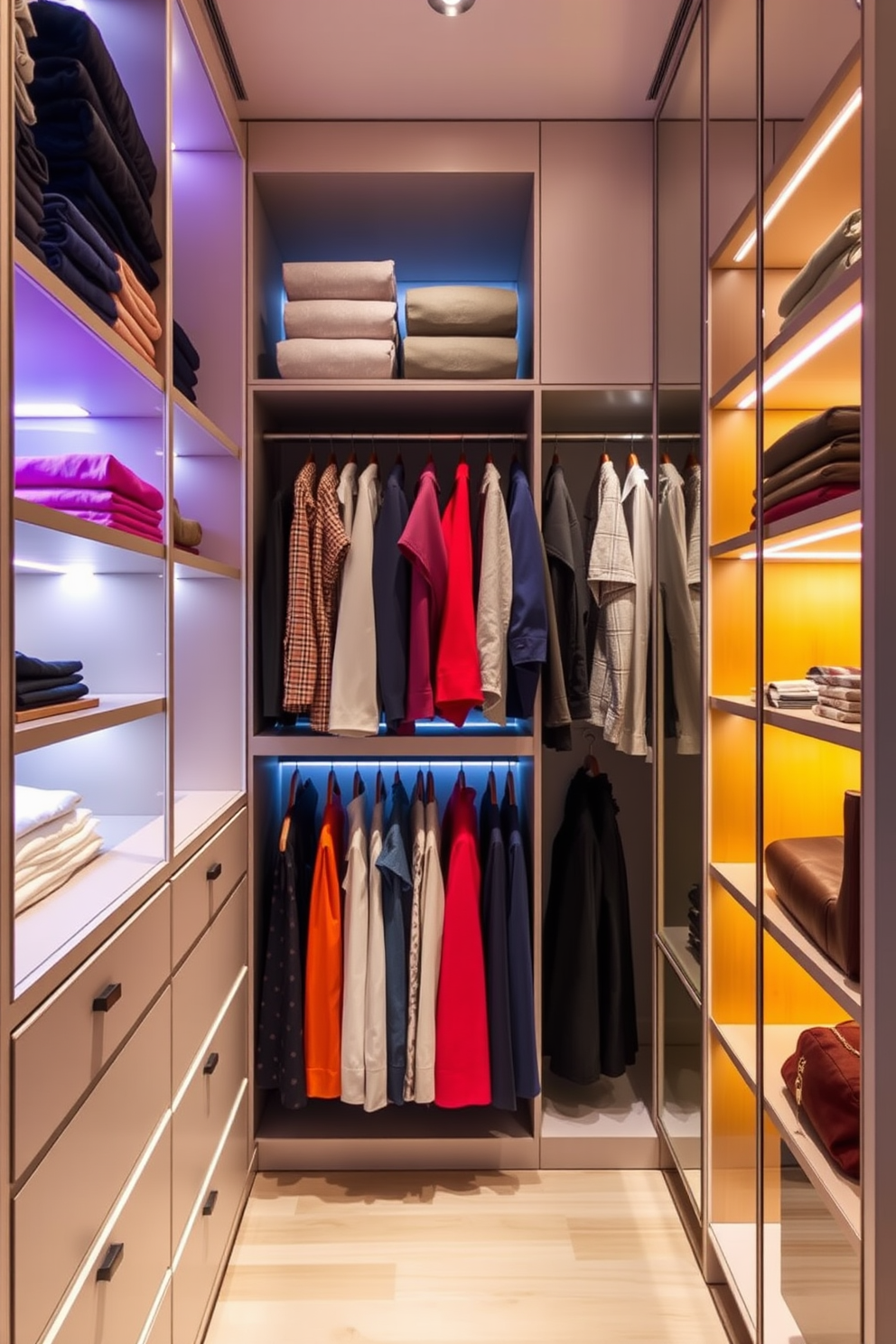 A stylish walk-in closet designed for a modern apartment features a color-coordinated clothing display that showcases an array of garments organized by hue. Elegant shelving units line the walls, with soft LED lighting highlighting the textures of fabrics and accessories, creating a visually appealing and functional space.