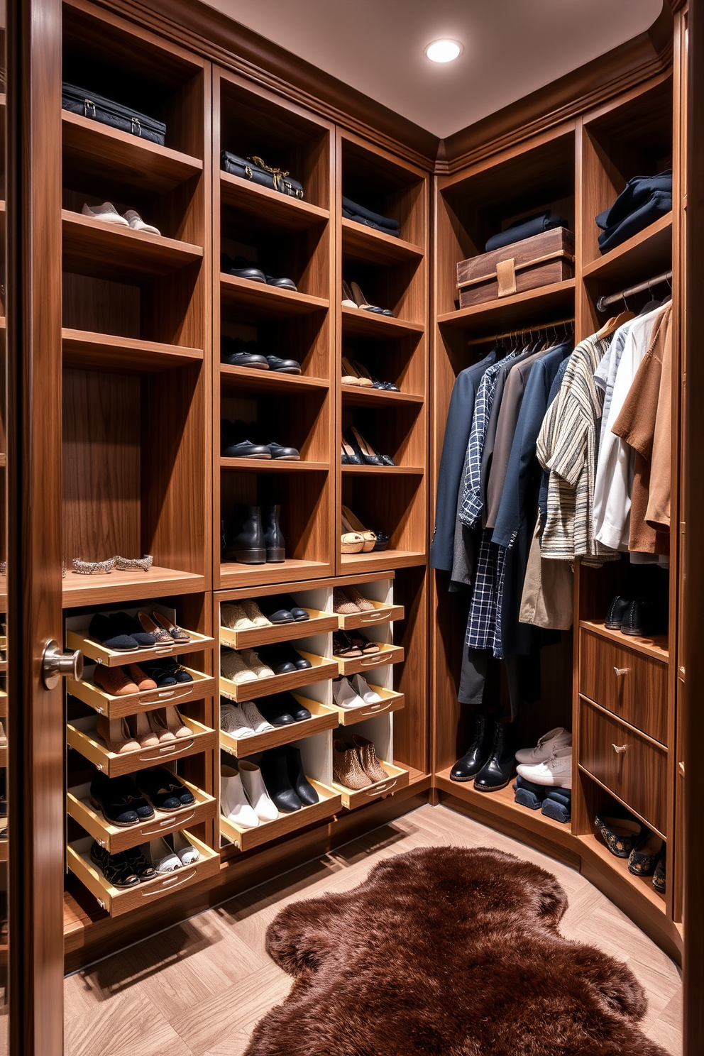 A stylish walk-in closet featuring pull-out shoe racks for easy access. The walls are lined with elegant shelving and the floor is adorned with a plush area rug.