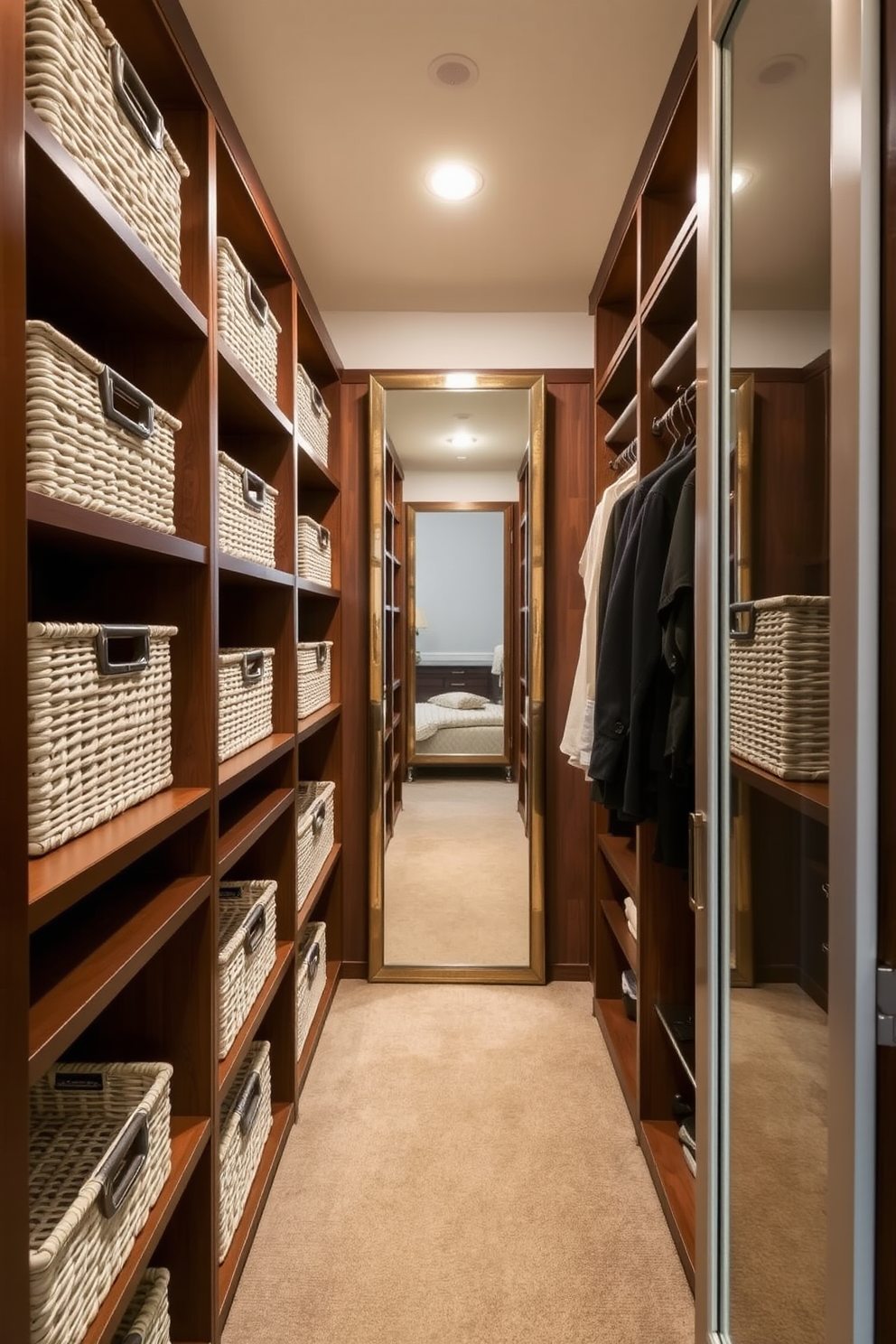 A stylish apartment walk-in closet featuring elegant baskets for organized storage solutions. The baskets are neatly arranged on shelves, providing a chic and functional way to keep accessories and clothing tidy. Soft lighting illuminates the space, highlighting the rich wood cabinetry and plush carpeting. A full-length mirror is positioned to enhance the feeling of openness and luxury in the closet.