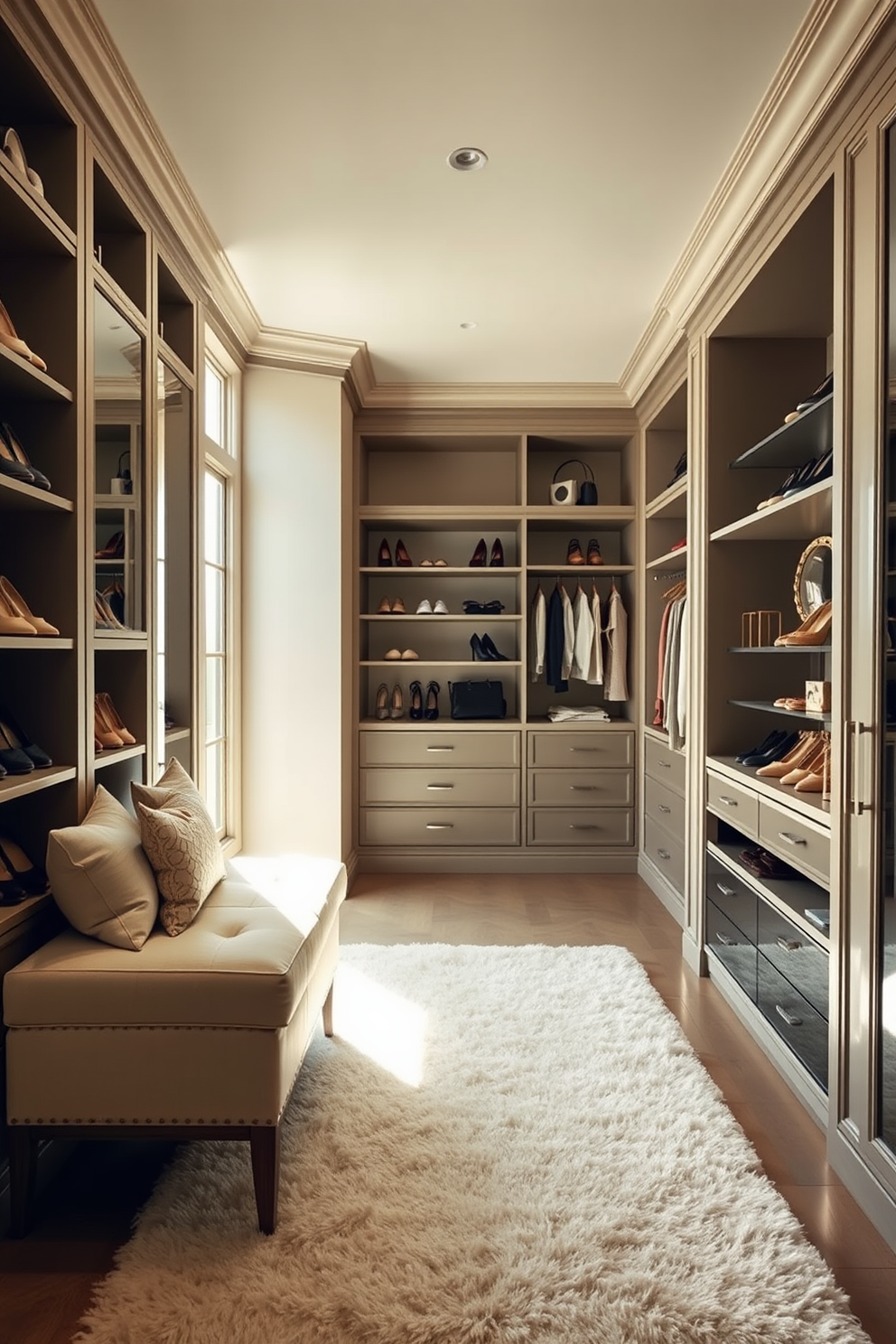 A luxurious walk-in closet featuring a spacious layout with ample natural light streaming through large windows. The closet includes a stylish bench that offers both seating and storage, upholstered in a soft fabric to complement the overall decor. Elegant shelving lines the walls, showcasing a curated collection of shoes and accessories. The color palette consists of soft neutrals, enhancing the inviting atmosphere while a plush area rug adds warmth underfoot.