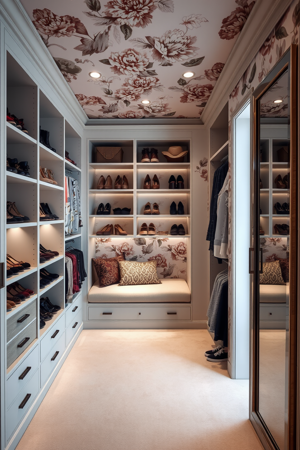 A luxurious walk-in closet featuring bold floral wallpaper that adds a striking visual interest to the space. The closet is designed with built-in shelving and hanging rods, elegantly organized to showcase an extensive collection of shoes and clothing. Soft lighting illuminates the area, highlighting a plush seating nook adorned with decorative cushions. A large mirror is positioned on one wall, enhancing the sense of space and providing a stylish focal point.