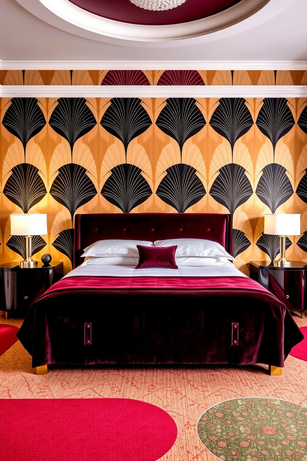 A striking Art Deco bedroom featuring geometric patterned wallpaper in bold colors. The room is adorned with a plush velvet bedspread and elegant bedside tables with sleek gold accents.