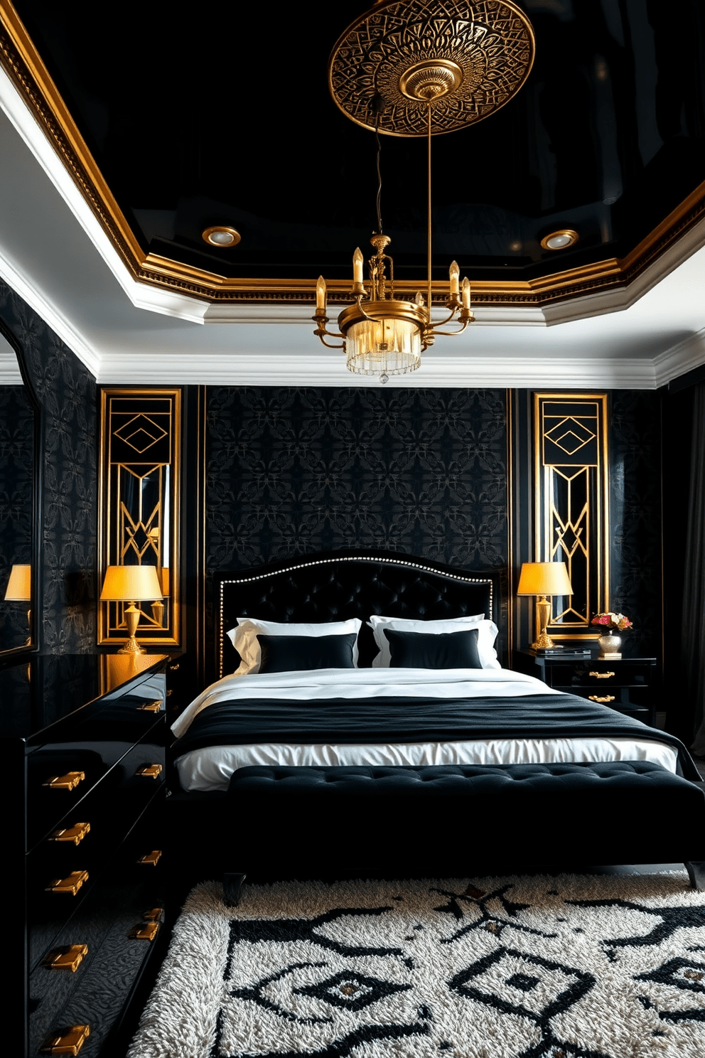 A luxurious bedroom featuring a black and gold color scheme with Art Deco influences. The walls are adorned with geometric patterns, while a plush black velvet headboard takes center stage behind a king-sized bed with gold accents. Elegant gold light fixtures hang from the ceiling, casting a warm glow over the room. A sleek black dresser with gold hardware sits against one wall, complemented by a plush area rug with bold geometric designs.