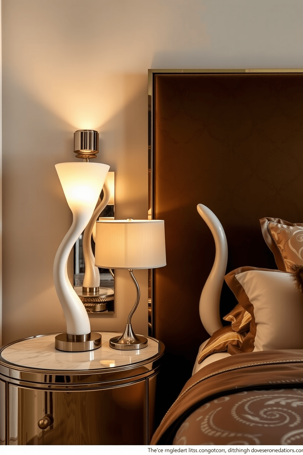 A luxurious bedroom featuring sculptural bedside lamps with unique shapes that serve as statement pieces. The lamps are positioned on elegant nightstands, complemented by plush bedding and rich textiles that embody the Art Deco style.