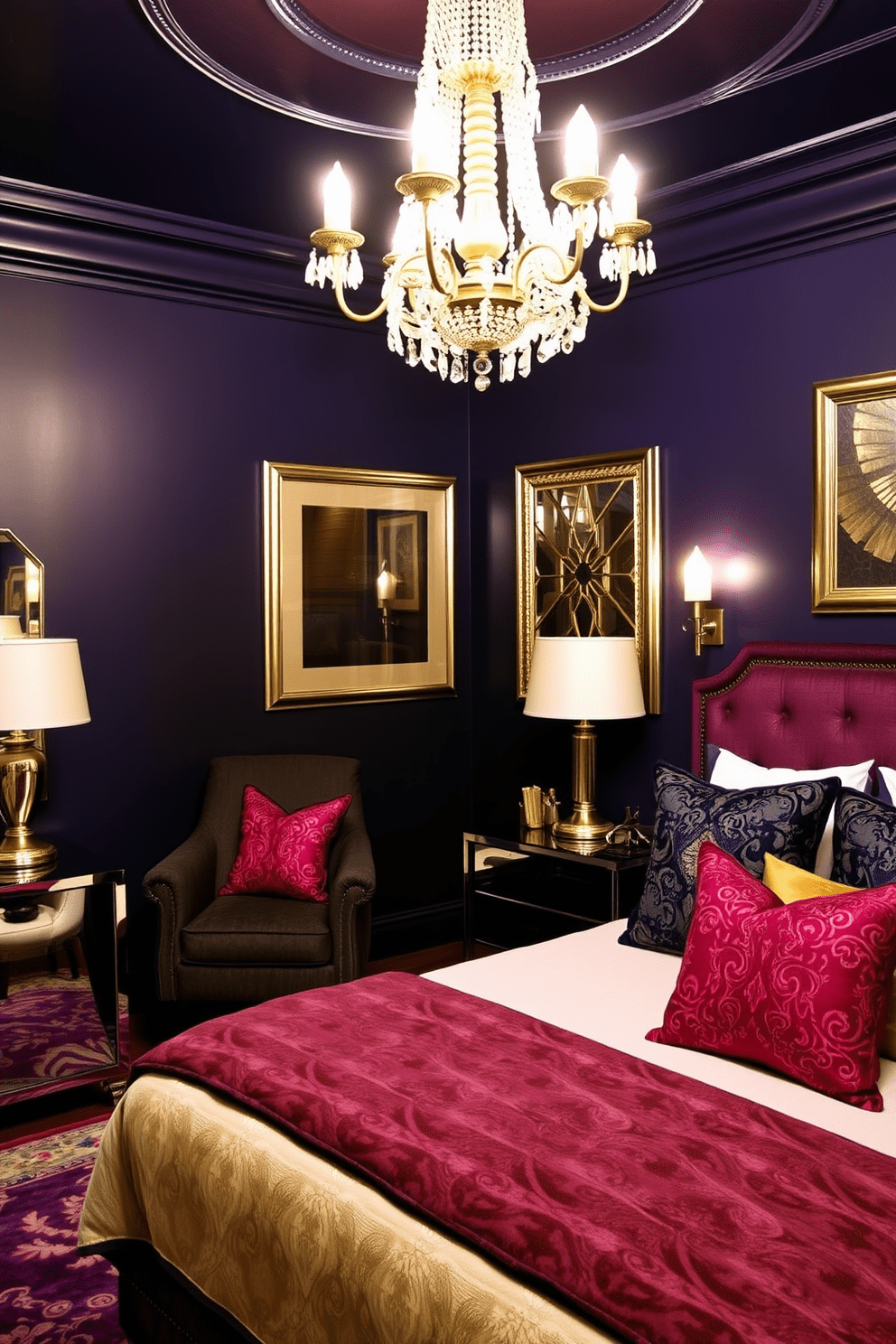 A luxurious bedroom featuring a plush bed adorned with decorative pillows showcasing intricate patterns in rich colors. The walls are painted in deep jewel tones, and a vintage chandelier hangs from the ceiling, casting a warm glow over the space. A stylish armchair is positioned in the corner, upholstered in a complementary fabric that enhances the Art Deco theme. Sleek metallic accents are incorporated throughout the room, including a mirrored nightstand and geometric artwork on the walls.