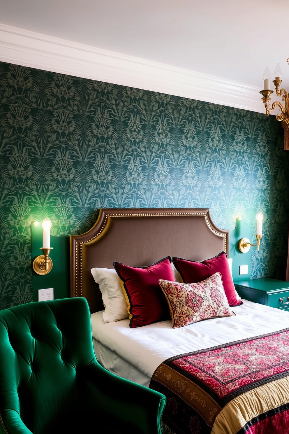 A luxurious bedroom featuring an accent wall painted in a deep emerald green. The Art Deco style is reflected in the geometric patterns of the wallpaper and the bold, vintage furniture pieces. The bed is adorned with plush velvet pillows and a stylish quilt that complements the rich color palette. Elegant sconces with intricate designs illuminate the space, enhancing the opulent atmosphere.