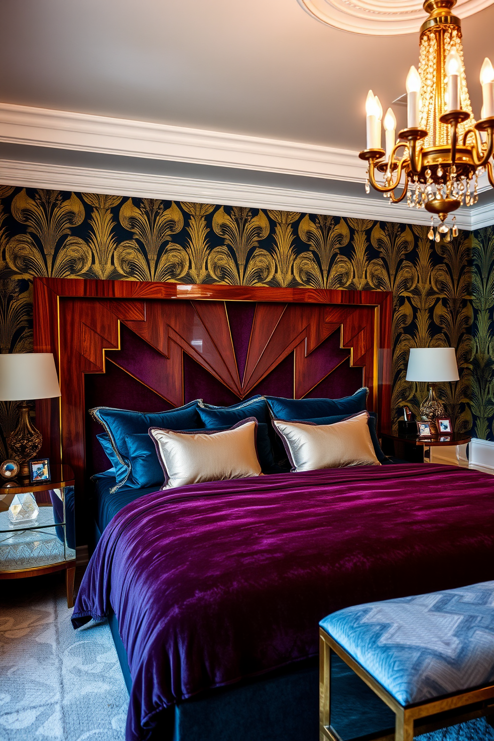 A luxurious bedroom featuring an Art Deco inspired headboard crafted from rich mahogany with geometric patterns and gold accents. The headboard is complemented by plush velvet bedding in deep jewel tones, creating a striking focal point in the room. The walls are adorned with elegant wallpaper featuring bold Art Deco motifs in metallic hues. A vintage chandelier hangs from the ceiling, casting a warm glow over the space, while a sleek mirrored nightstand adds a touch of glamour.