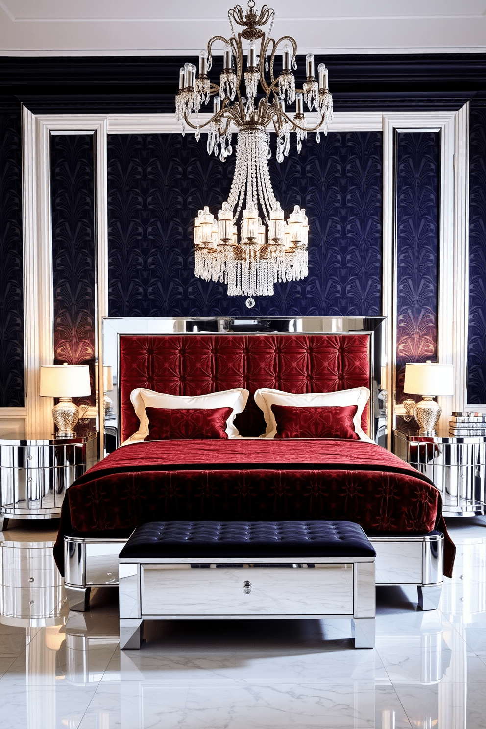 A luxurious Art Deco bedroom featuring glass and chrome furniture that reflects light beautifully. The bed is upholstered in rich velvet with geometric patterns, complemented by mirrored nightstands on either side. A statement chandelier with crystal accents hangs from the ceiling, casting a warm glow throughout the space. The walls are adorned with bold, graphic wallpaper in deep jewel tones, enhancing the opulence of the room.