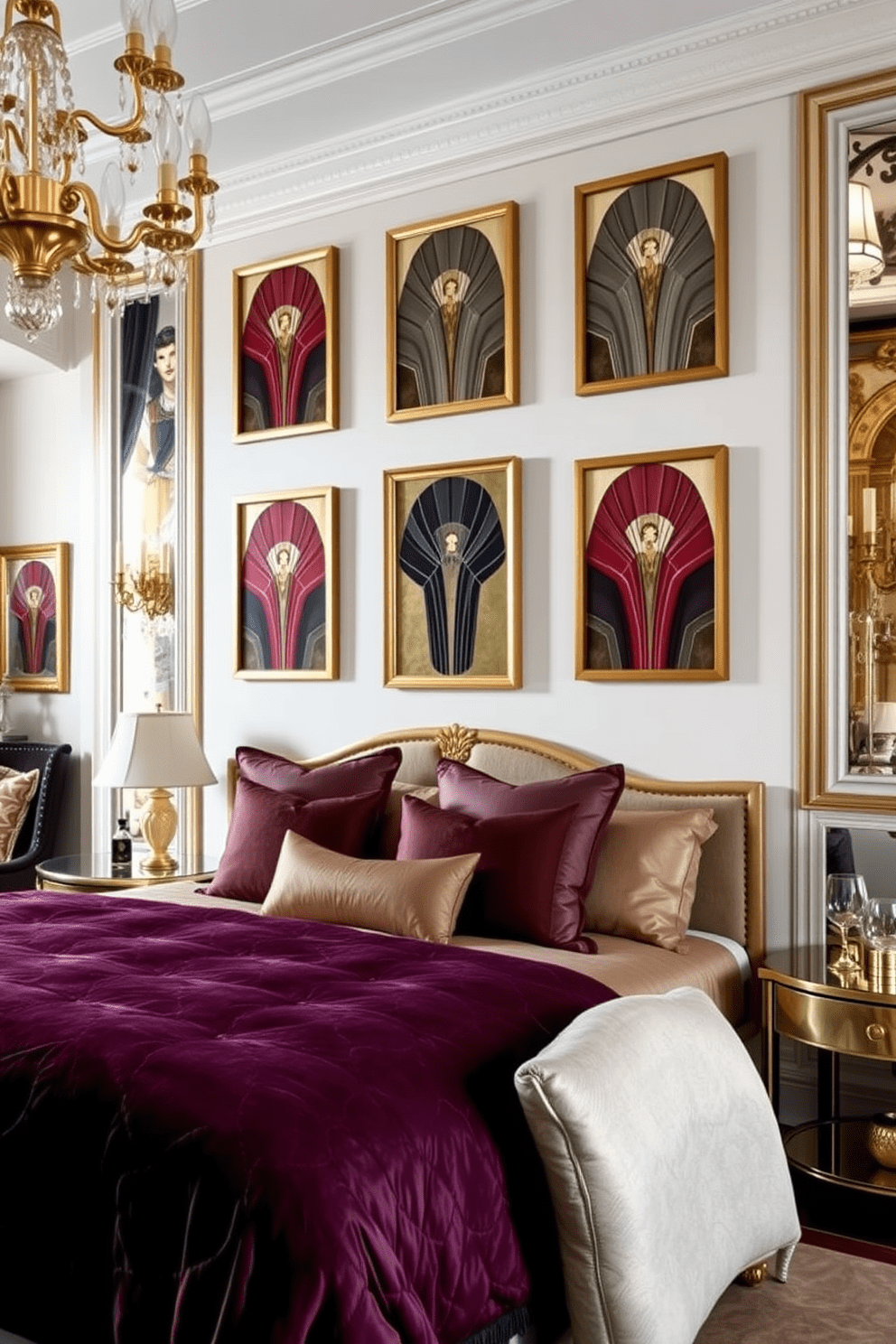 A luxurious bedroom featuring classic art deco prints on canvas adorning the walls. The bedding is rich in texture with deep jewel tones, complemented by elegant gold accents in the furniture and lighting.