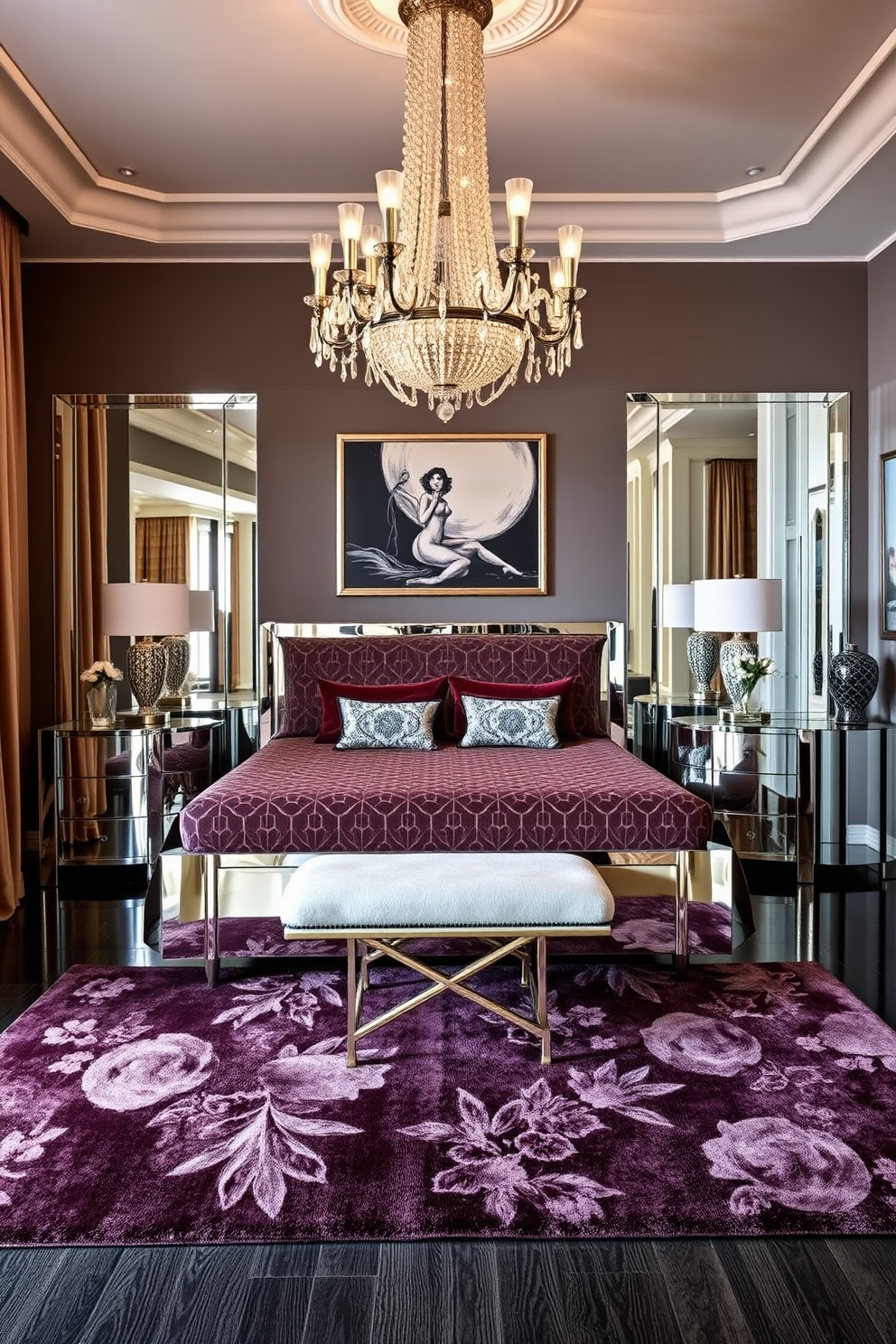 A luxurious Art Deco bedroom features mirrored furniture that reflects light and enhances the sense of space. The bed is upholstered in rich velvet with a bold geometric pattern, complemented by mirrored nightstands on either side. The room is adorned with a striking chandelier that adds a touch of glamour overhead. A plush area rug in deep hues anchors the space, while elegant artwork and decorative accents complete the sophisticated look.