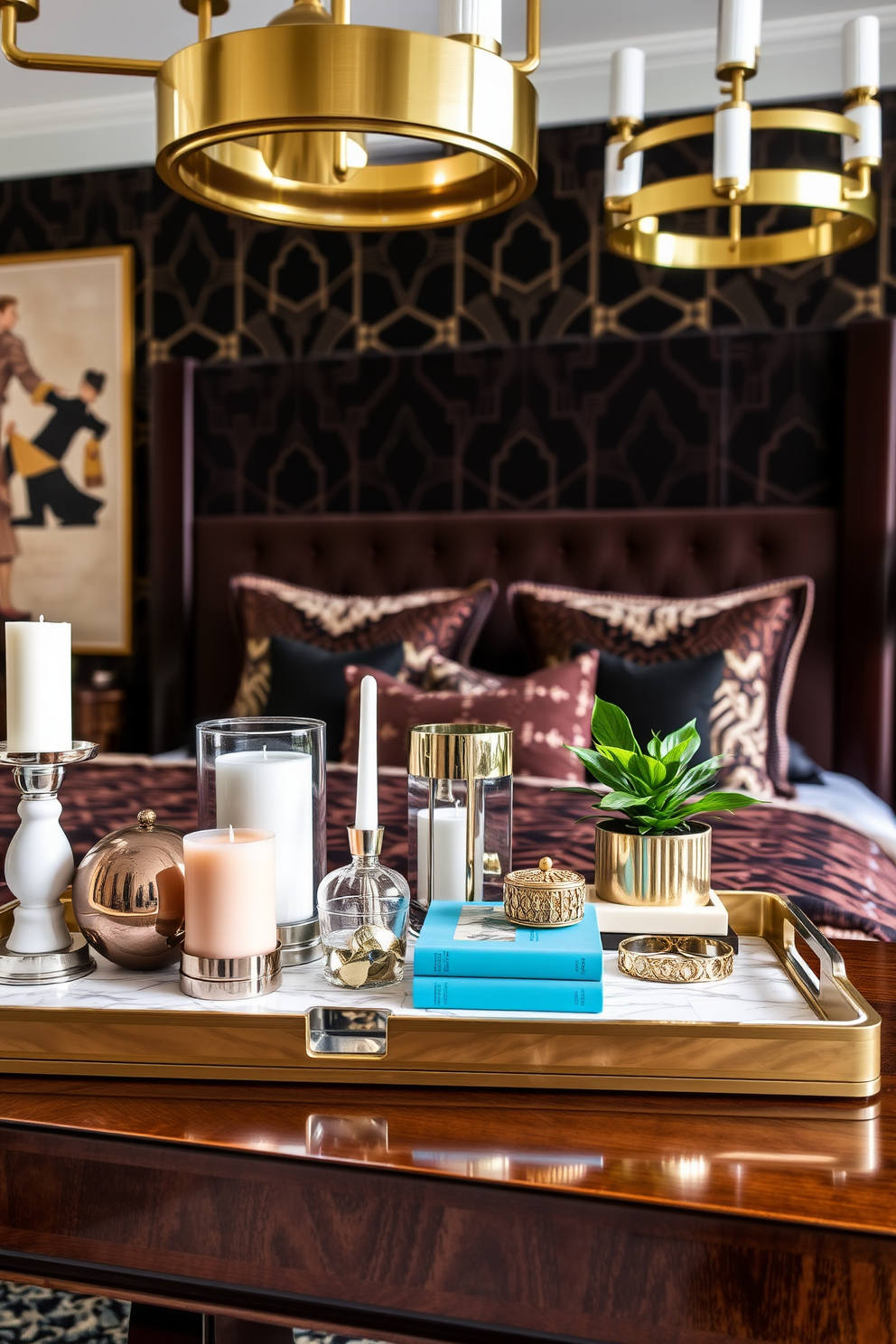 A collection of decorative trays is arranged on a polished wooden surface, showcasing a mix of elegant items such as candles, books, and small plants. The trays are crafted from materials like marble and metal, adding a touch of sophistication while keeping the space tidy. The Art Deco bedroom features bold geometric patterns and rich colors, with a plush velvet headboard as the focal point. Metallic accents in the lighting fixtures and furniture create a glamorous atmosphere, complemented by luxurious textiles and artwork that reflect the opulence of the era.