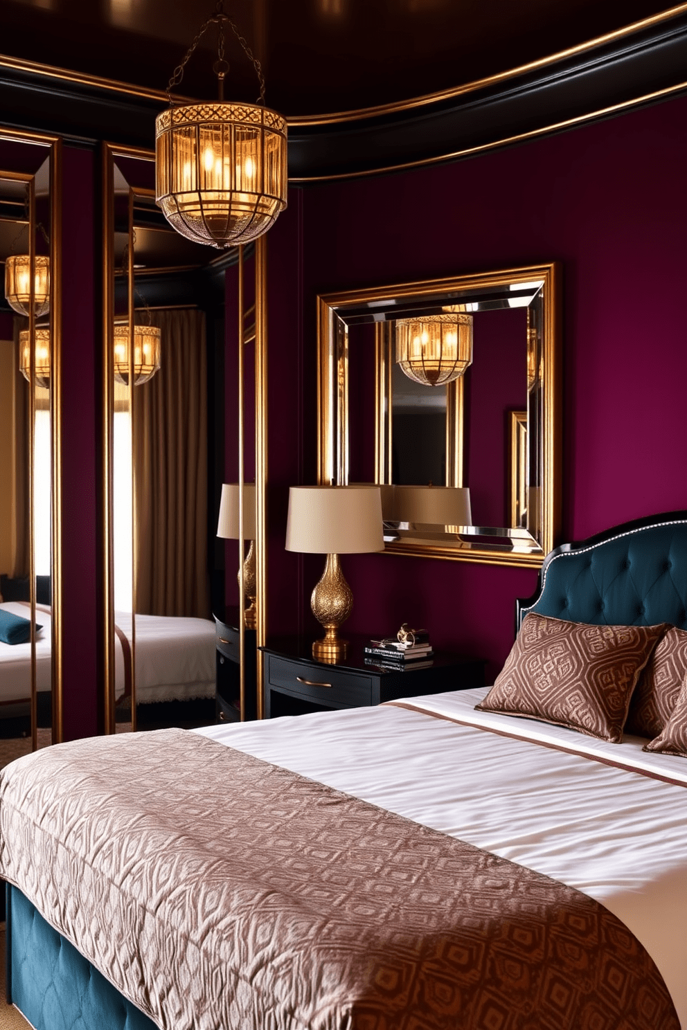 A luxurious Art Deco bedroom featuring framed mirrors that reflect light beautifully. The walls are adorned with rich jewel tones, and the bed is dressed in elegant fabrics with geometric patterns.