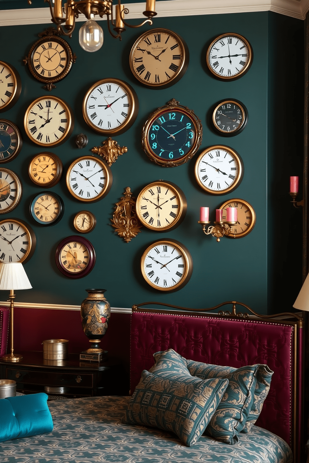 A collection of vintage-inspired clocks adorns the wall, each featuring intricate designs and unique color palettes. The clocks vary in size and style, creating a visually engaging focal point in the room. The bedroom showcases Art Deco design elements with bold geometric patterns and luxurious materials. Rich jewel tones dominate the color scheme, complemented by elegant furnishings and ornate lighting fixtures.