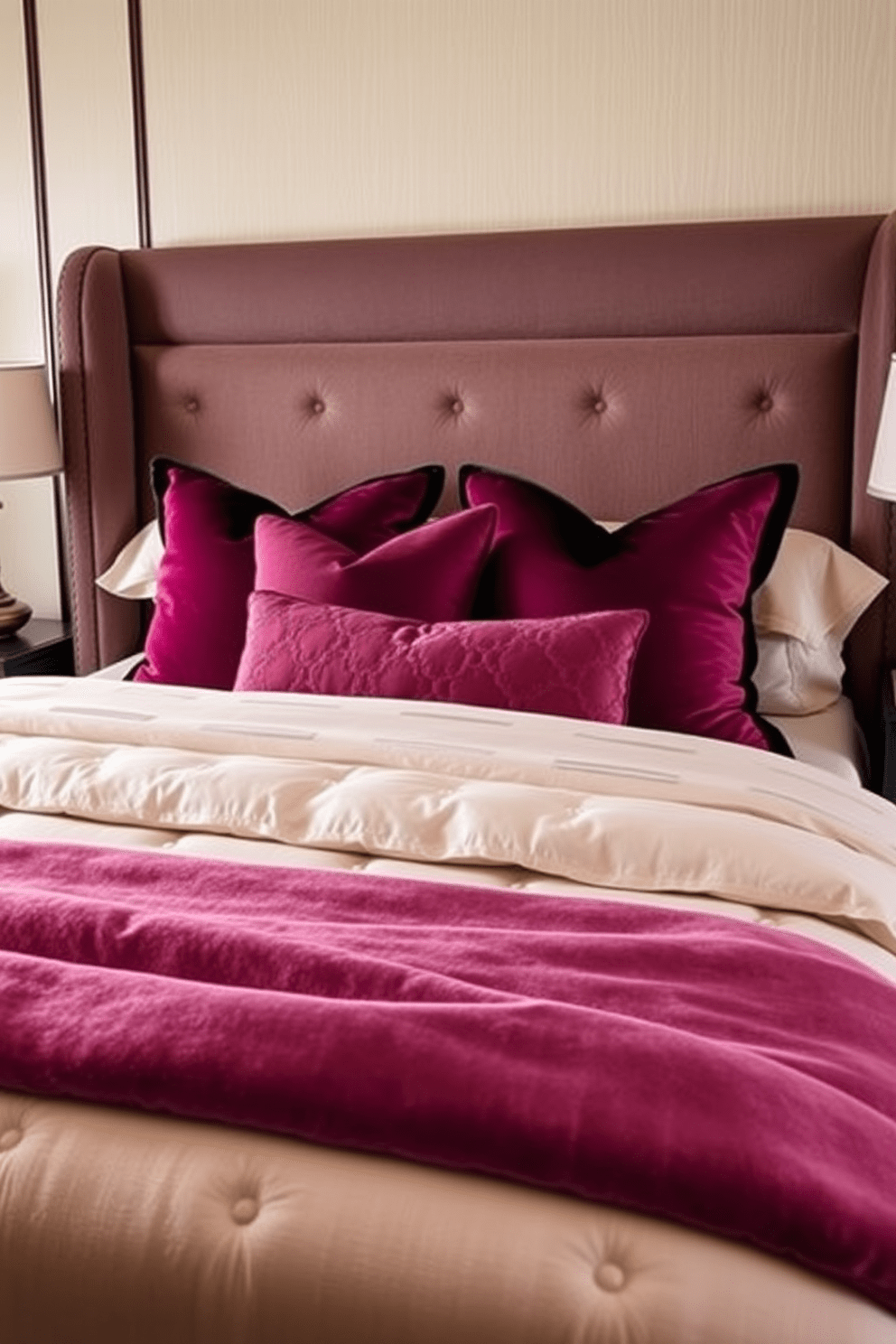 Layered bedding creates a luxurious touch in an Art Deco bedroom. The bed is adorned with plush, velvet pillows in rich jewel tones, and a soft, oversized throw blanket drapes elegantly at the foot of the bed.