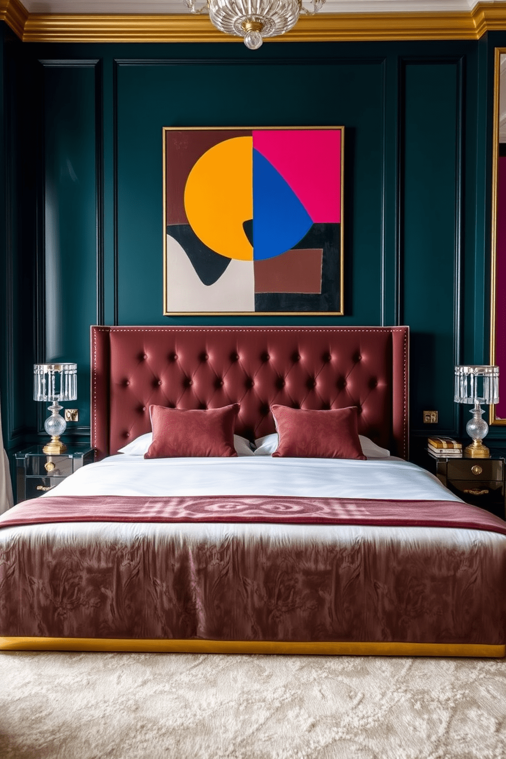 A luxurious Art Deco bedroom featuring a plush king-sized bed with a velvet headboard. Statement art pieces in bold colors and geometric shapes are displayed above the bed, adding a striking focal point to the room. The walls are adorned with rich jewel tones, complemented by gold accents throughout the decor. Elegant bedside tables with crystal lamps flank the bed, enhancing the sophisticated atmosphere of the space.