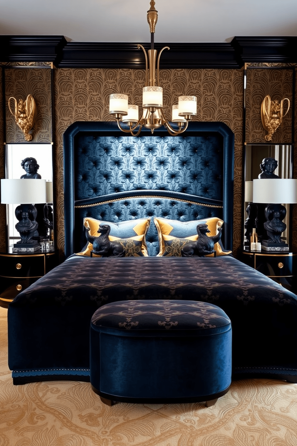 A luxurious Art Deco bedroom featuring unique sculptures as decorative accents. The room showcases a plush velvet bed with geometric patterns and a rich color palette of deep blues and golds. On either side of the bed, elegant nightstands display striking sculptures that enhance the opulence of the space. The walls are adorned with bold, graphic wallpaper, and the lighting features ornate fixtures that complement the overall aesthetic.