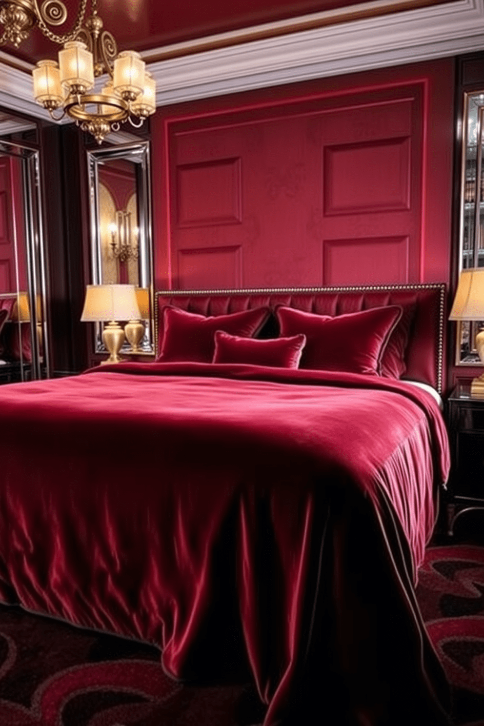 A luxurious velvet bedspread in rich hues drapes elegantly over a plush king-sized bed. The room features geometric patterns and bold colors typical of Art Deco style, with mirrored accents and ornate light fixtures enhancing the opulence.