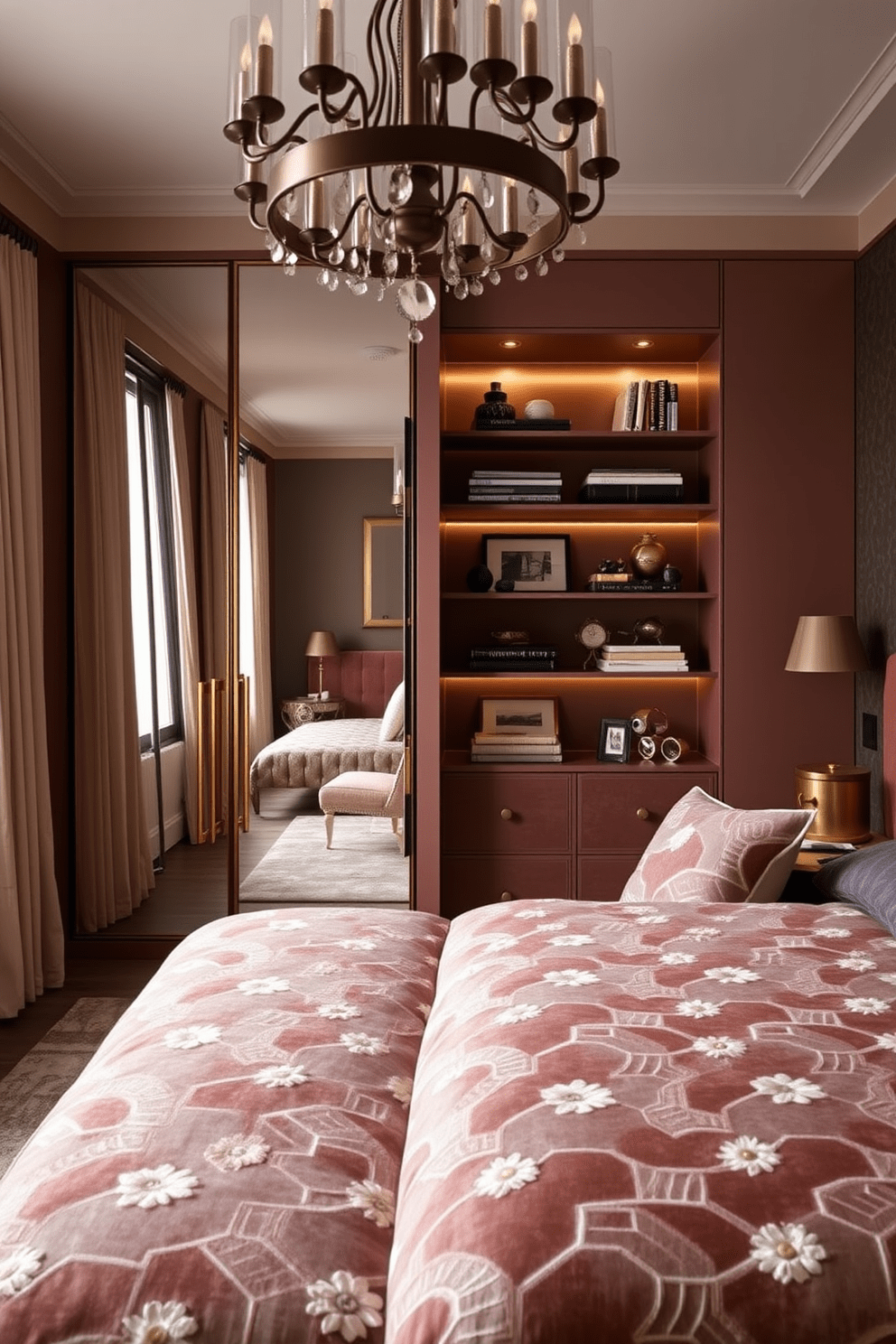 Stylish storage solutions with elegance. A sleek built-in wardrobe with mirrored doors reflects the room's light, while decorative shelving displays curated books and art pieces. Art Deco bedroom design ideas. The room features a plush velvet bed with geometric patterns, complemented by rich gold accents and a striking chandelier overhead.