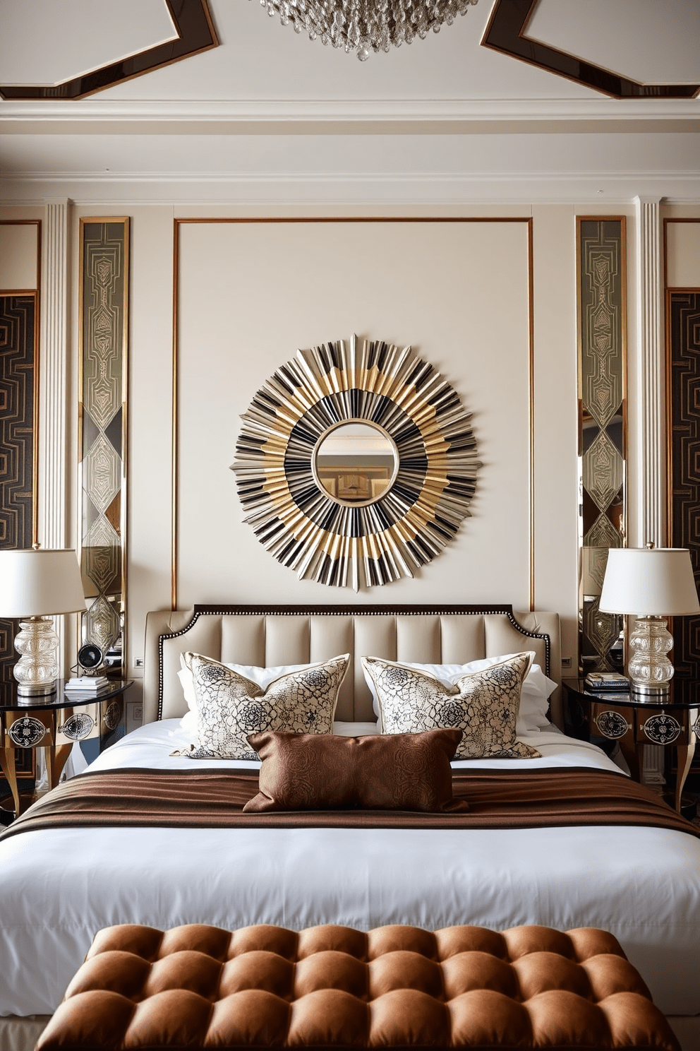 A luxurious bedroom featuring a stunning sunburst mirror as the focal point on the main wall. The Art Deco style is highlighted with geometric patterns, rich colors, and elegant furnishings that create a sophisticated ambiance.