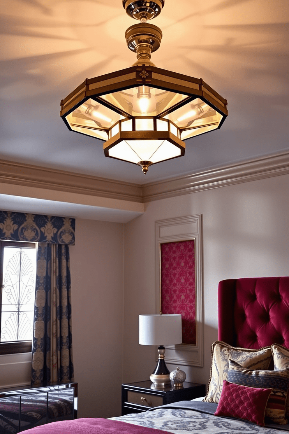 A stunning Art Deco inspired lighting fixture hangs elegantly from the ceiling, featuring geometric shapes and intricate detailing in polished brass. The soft glow of the light casts beautiful patterns on the walls, enhancing the luxurious ambiance of the room. The bedroom showcases a harmonious blend of rich colors and textures, with a plush velvet headboard and a sleek mirrored nightstand. Bold patterns in the bedding and curtains reflect the iconic Art Deco style, creating a sophisticated and inviting retreat.