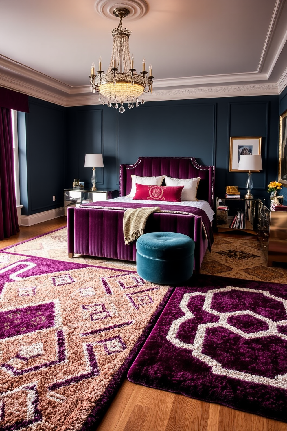 A luxurious bedroom featuring plush area rugs adorned with geometric designs that add warmth and texture to the space. The rugs complement the elegant furnishings, including a velvet upholstered bed and sleek Art Deco-inspired nightstands. The walls are painted in a rich jewel tone, enhancing the opulence of the room. Decorative elements like a vintage chandelier and bold artwork complete the sophisticated Art Deco aesthetic.