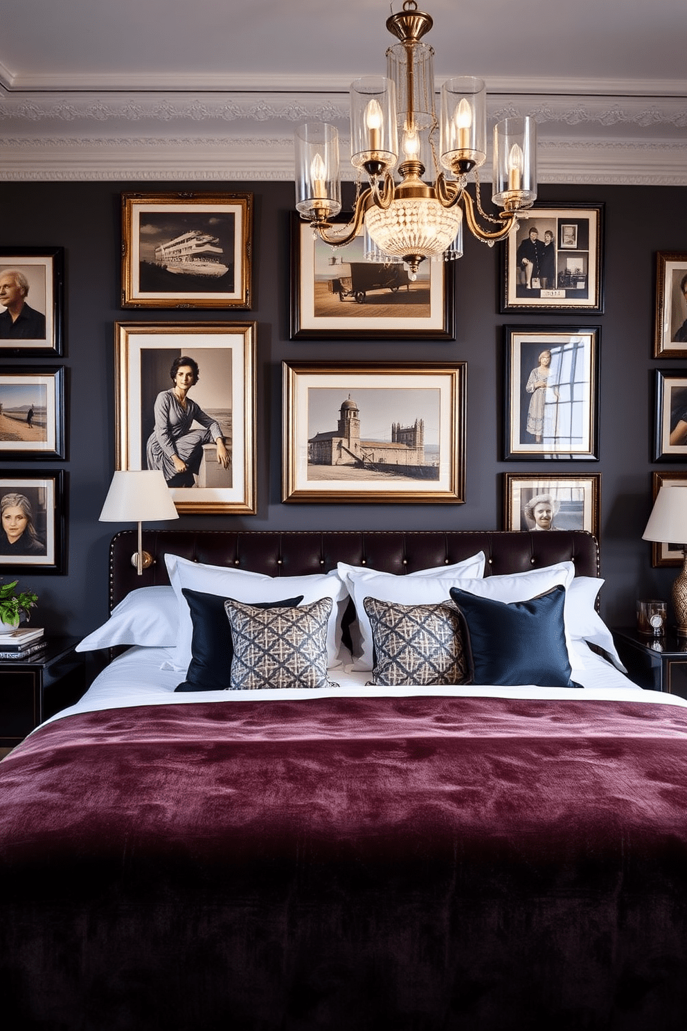 A luxurious bedroom adorned with vintage art pieces framed elegantly on the walls. The room features a plush velvet bedspread, complemented by geometric patterned throw pillows and a stylish Art Deco chandelier hanging from the ceiling.