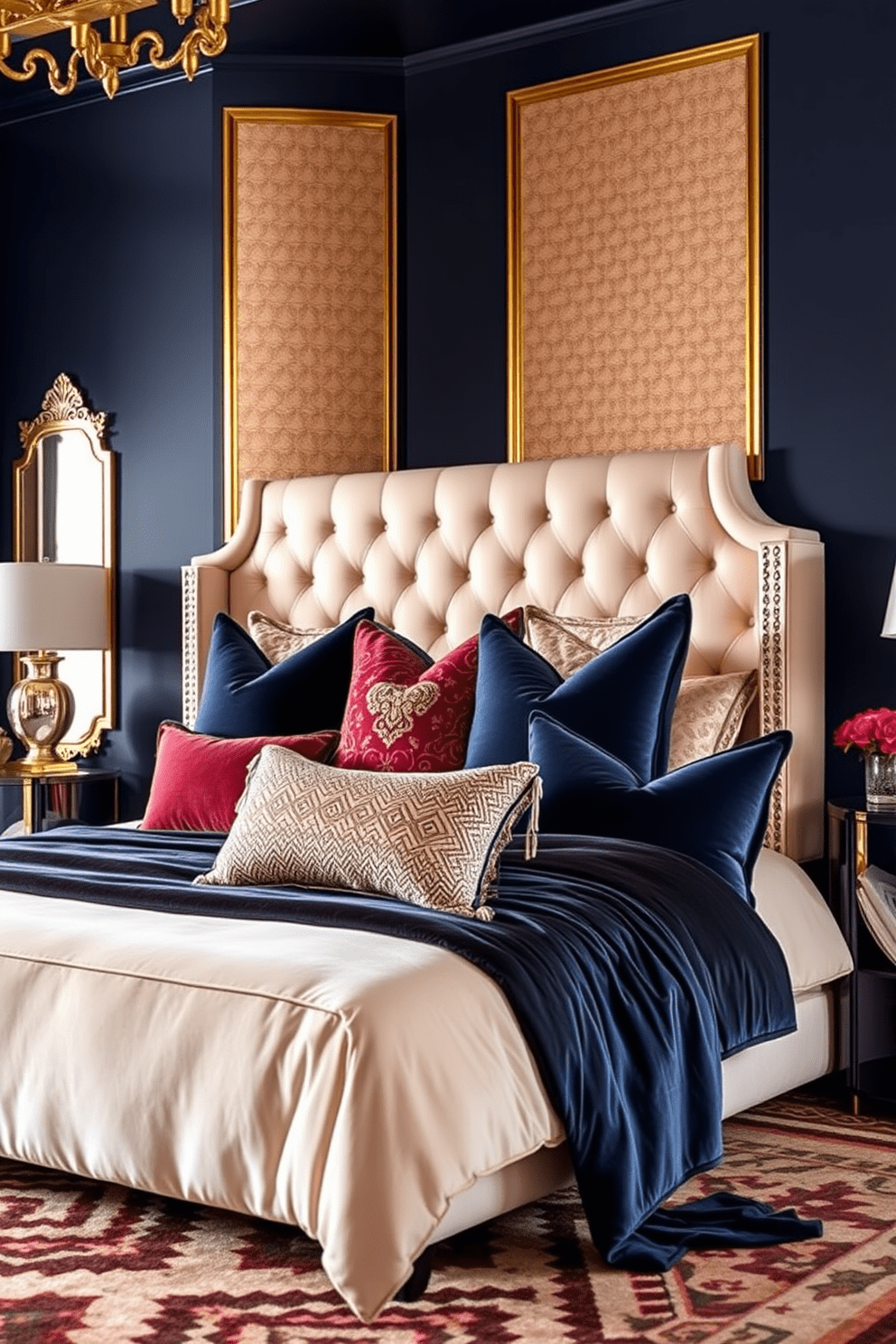 A luxurious Art Deco bedroom featuring layered textures for a cozy feel. The bed is adorned with a plush velvet headboard and an array of decorative pillows in rich jewel tones. The walls are painted in a deep navy blue, complemented by gold accents and geometric patterns. A soft area rug with a bold design lies beneath the bed, adding warmth to the space.