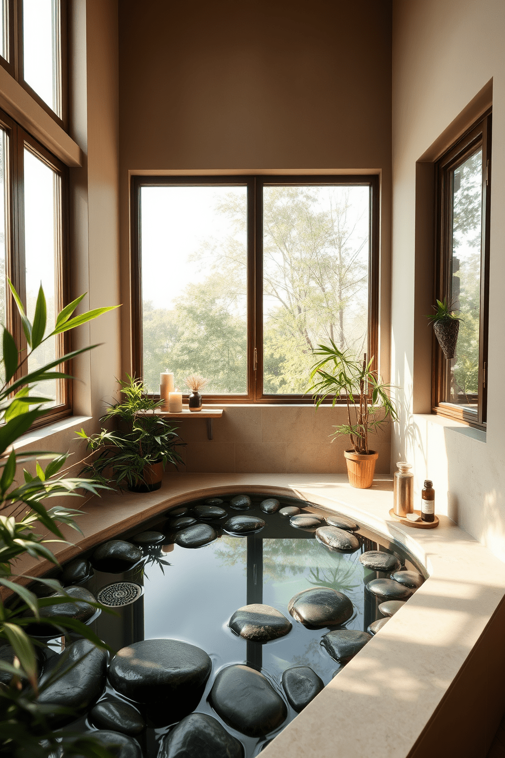 A serene bathroom space featuring a deep soaking tub surrounded by smooth river stones and lush greenery. Natural light filters in through large windows, highlighting the bamboo accents and minimalist decor. The walls are adorned with subtle earth tones, creating a calming atmosphere. A small wooden shelf holds scented candles and essential oils, enhancing the tranquil ambiance of the room.