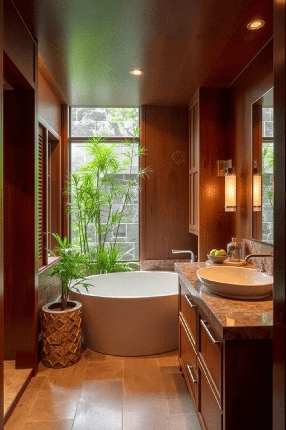 Warm wood cabinetry creates an inviting atmosphere in this Asian-inspired bathroom. The space features natural stone accents and soft lighting that enhances the serene ambiance. A freestanding soaking tub sits gracefully in the corner, surrounded by lush greenery and bamboo elements. The walls are adorned with subtle patterns that reflect traditional Asian aesthetics, adding depth and character to the design.