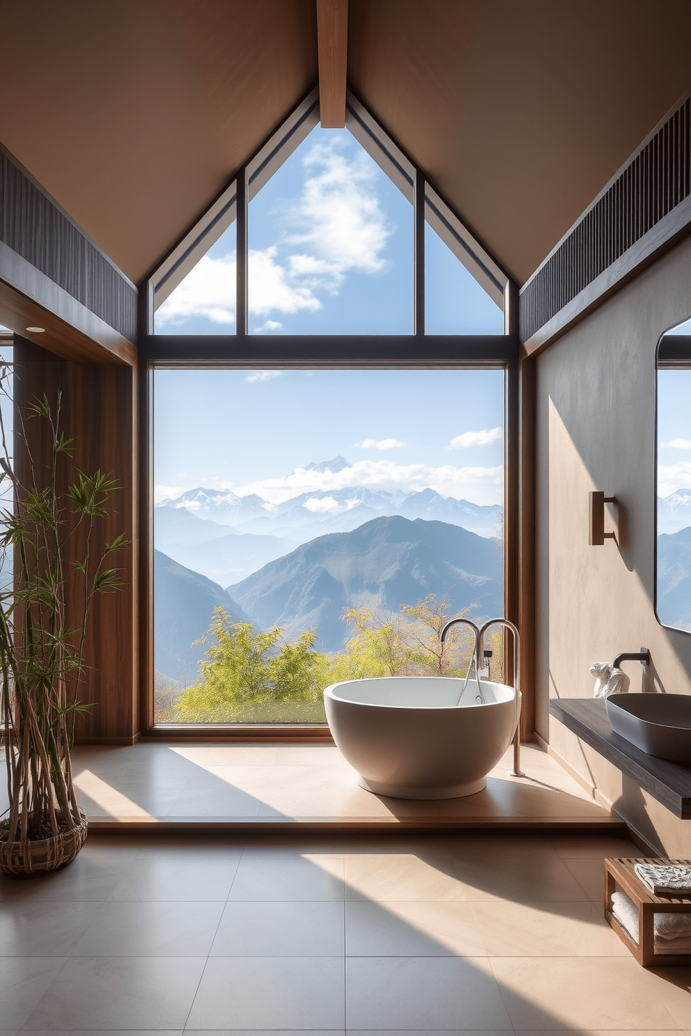 A serene Asian bathroom design featuring a freestanding tub positioned near a large window that offers a stunning view of the mountains. The space is adorned with natural wood accents, bamboo plants, and soft neutral tones to create a tranquil atmosphere.