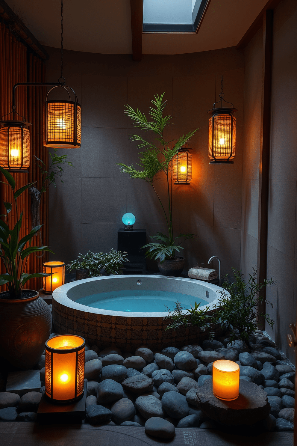 A serene Asian bathroom setting featuring elegant Asian lanterns that provide warm ambient lighting. The space is adorned with natural materials such as bamboo and stone, creating a tranquil atmosphere. The centerpiece is a soaking tub surrounded by lush greenery and smooth pebbles. Soft lighting from the lanterns casts gentle shadows, enhancing the peaceful vibe of the room.