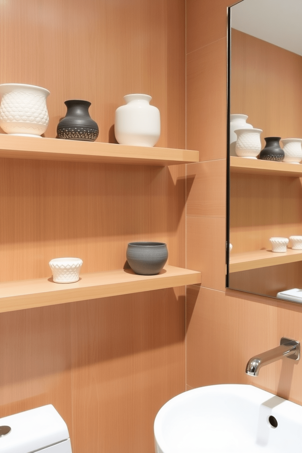 A serene Asian bathroom featuring floating shelves adorned with decorative ceramics. The shelves are mounted on a natural wood wall, creating a harmonious blend of textures and colors.