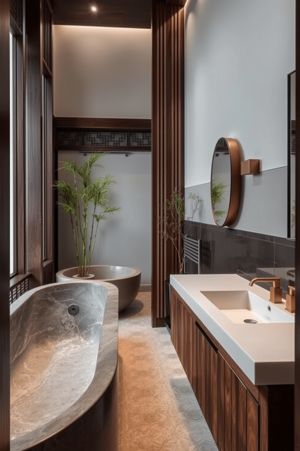 A serene Asian bathroom design featuring dark wood elements that contrast beautifully with light-colored walls and fixtures. The space includes a deep soaking tub made of smooth stone, surrounded by bamboo plants for a touch of nature. A wooden vanity with a sleek white countertop holds a modern sink, complemented by minimalist brass fixtures. Soft lighting highlights the intricate patterns of the tile floor, creating a calming and inviting atmosphere.