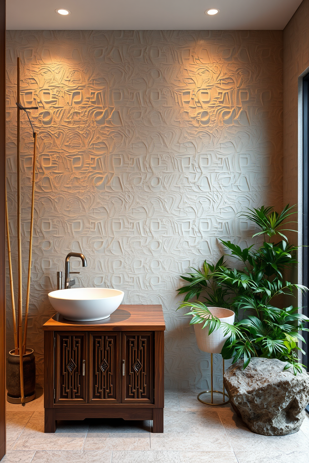 Textured wall panels create a stunning focal point in an Asian-inspired bathroom. The space features natural materials like bamboo and stone, complemented by a freestanding soaking tub surrounded by lush greenery. Soft lighting enhances the serene atmosphere, while elegant fixtures in brushed nickel add a modern touch. A wooden vanity with intricate carvings provides both style and functionality, harmonizing with the overall tranquil design.