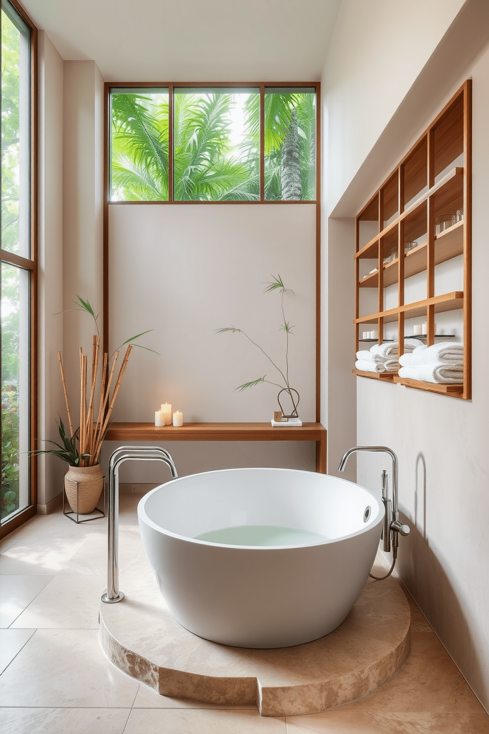 A serene bathroom retreat designed with soothing colors that evoke a spa-like atmosphere. The space features a freestanding soaking tub surrounded by natural stone tiles and bamboo accents, creating a harmonious blend of luxury and tranquility. Soft pastel hues adorn the walls, complemented by elegant wooden shelves displaying neatly arranged towels and candles. Large windows allow natural light to fill the room, enhancing the peaceful ambiance while lush greenery peeks through, adding a touch of nature.