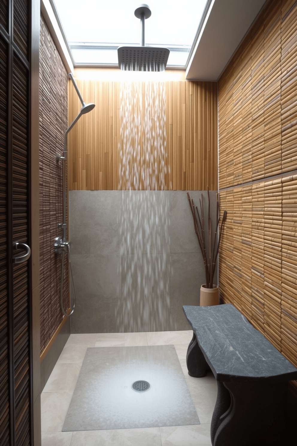 A serene Asian bathroom setting featuring a rain shower surrounded by natural bamboo decor. The walls are adorned with textured bamboo panels, and a stone bench sits nearby, creating a tranquil atmosphere.