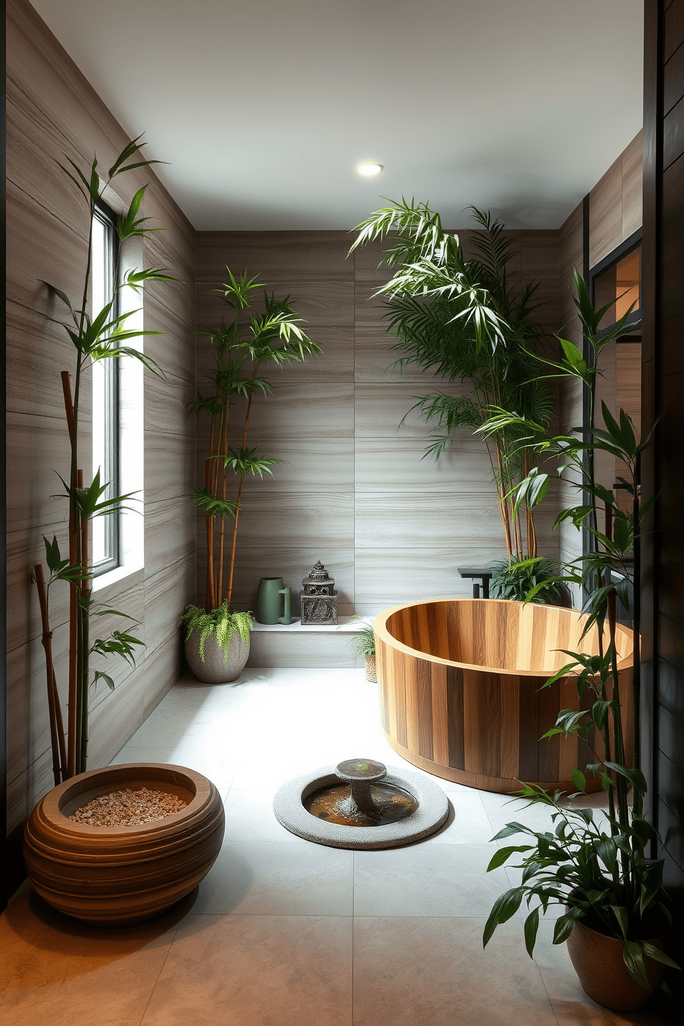 A serene Asian-inspired bathroom featuring natural elements and a calming color palette. Bamboo plants are strategically placed in corners, while a small indoor water feature adds tranquility to the space. The walls are adorned with textured tiles in soft earth tones, and the floor is made of smooth stone for a natural feel. A wooden soaking tub sits against one wall, surrounded by lush greenery for a refreshing atmosphere.