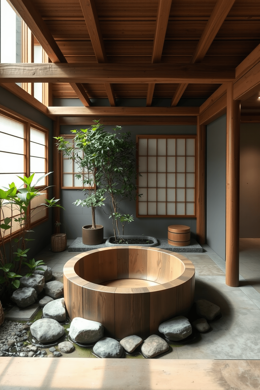 A serene Asian bathroom design featuring traditional Japanese bathhouse elements. The space includes a deep wooden soaking tub surrounded by smooth stones, with bamboo accents and soft lighting creating a tranquil atmosphere. Natural wood beams frame the ceiling, enhancing the organic feel of the space. A small indoor garden with lush greenery adds a touch of nature, while rice paper screens provide privacy and diffuse the light beautifully.