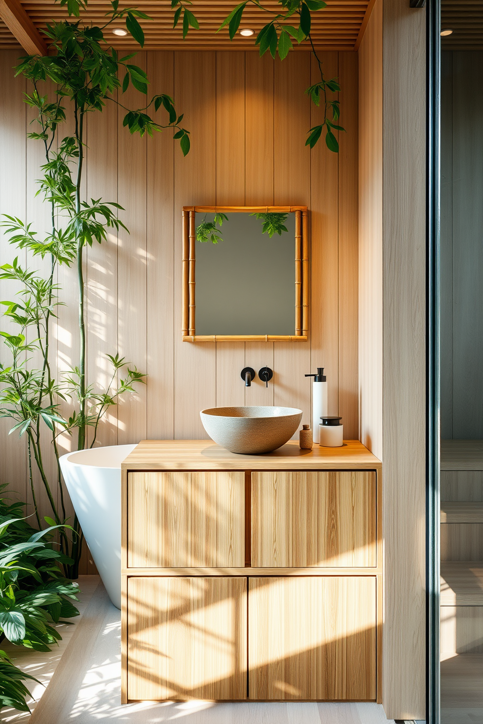 A serene bathroom setting infused with bamboo accents that bring a touch of natural warmth. The design features a freestanding soaking tub surrounded by lush greenery and soft lighting, creating a tranquil oasis. The walls are adorned with light wood paneling, complemented by a bamboo-framed mirror above the vanity. A stone sink sits atop a minimalist wooden cabinet, enhancing the overall harmony of the space.