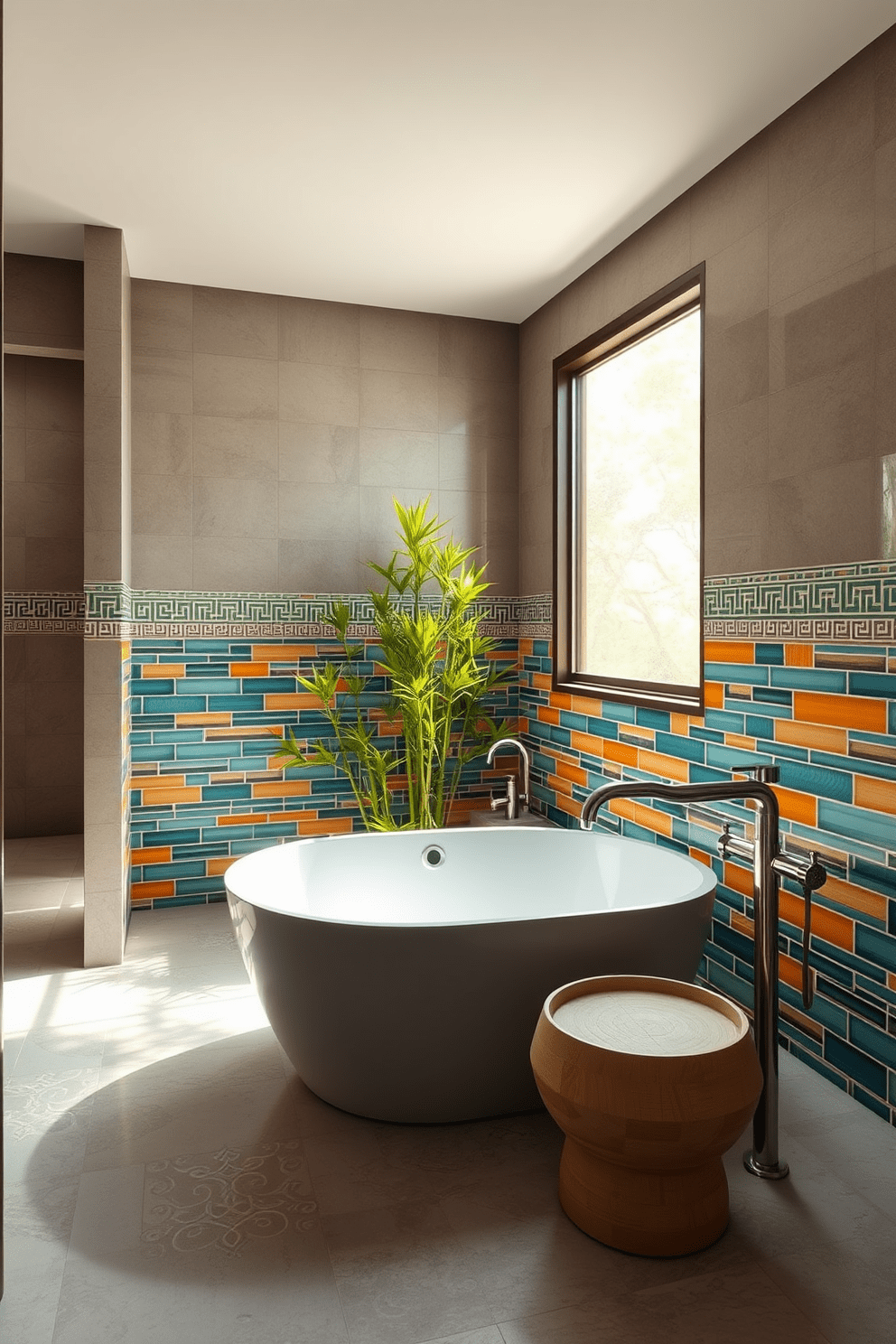 A serene Asian bathroom setting featuring colorful tiles that create vibrant accents throughout the space. The walls are adorned with intricate tile work in shades of teal, orange, and yellow, adding a lively touch to the minimalist decor. A freestanding soaking tub sits in the center, surrounded by bamboo plants for a tranquil atmosphere. Natural light filters in through a large window, highlighting the smooth stone floor and the elegant fixtures.