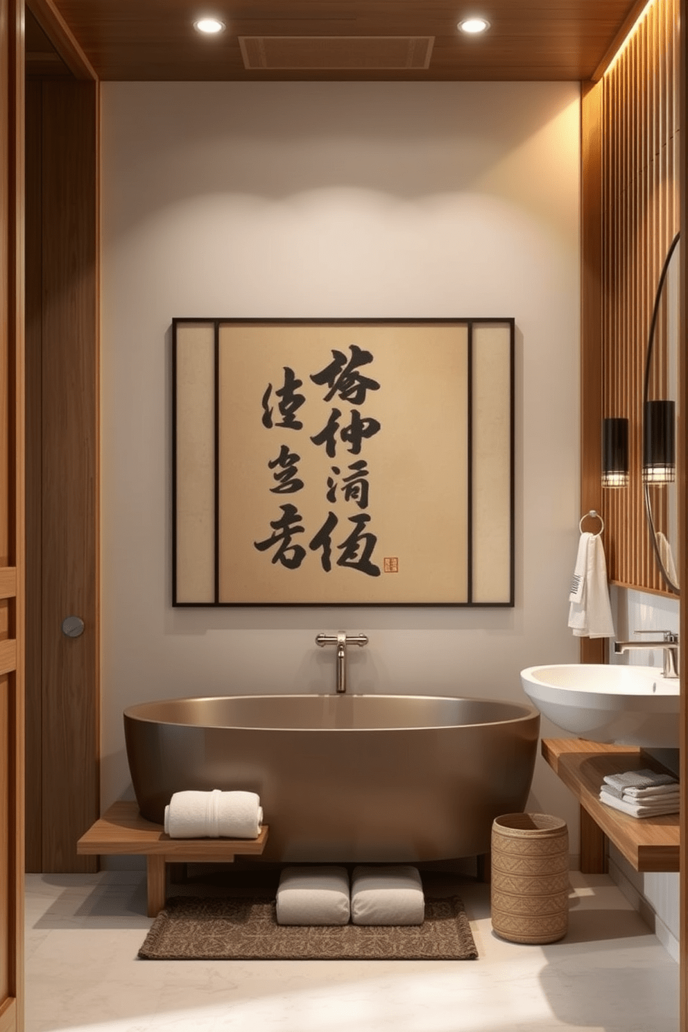 An elegant Asian bathroom design featuring intricate calligraphy art as the focal point. The space is adorned with natural wood elements, bamboo accents, and soft lighting to create a serene atmosphere.