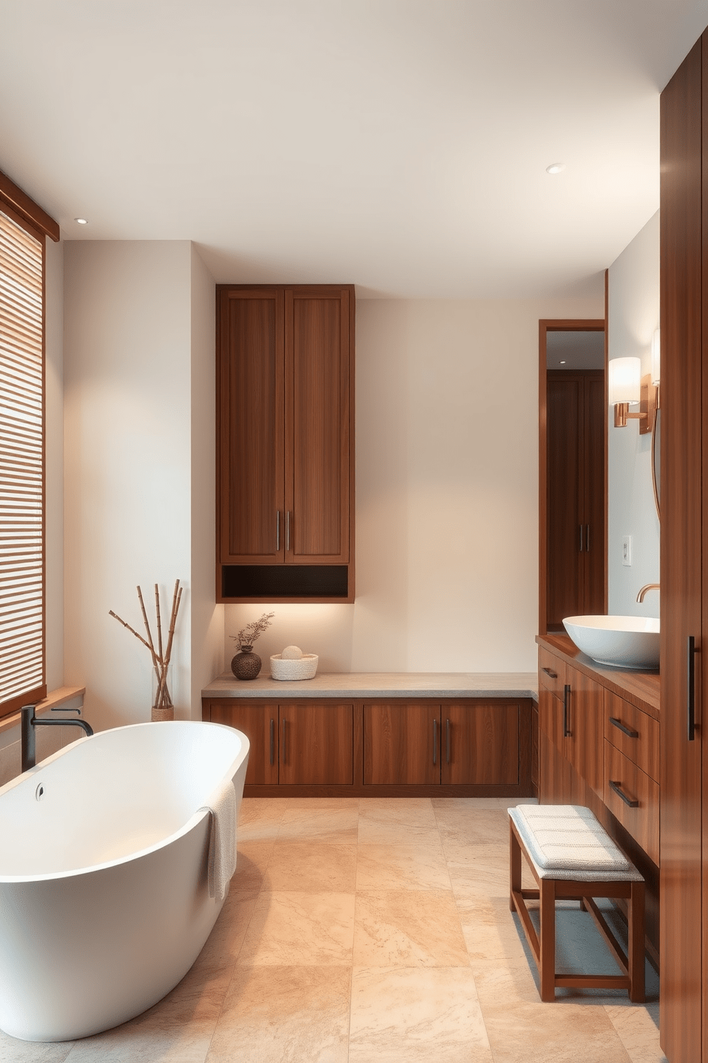 A serene Asian bathroom design featuring a harmonious color palette dominated by soft neutrals. The space includes a freestanding soaking tub surrounded by natural stone tiles and bamboo accents. Warm wooden cabinetry complements the soothing color scheme, providing ample storage while maintaining a clean aesthetic. Soft lighting is incorporated through elegant sconces, enhancing the tranquil atmosphere of the room.